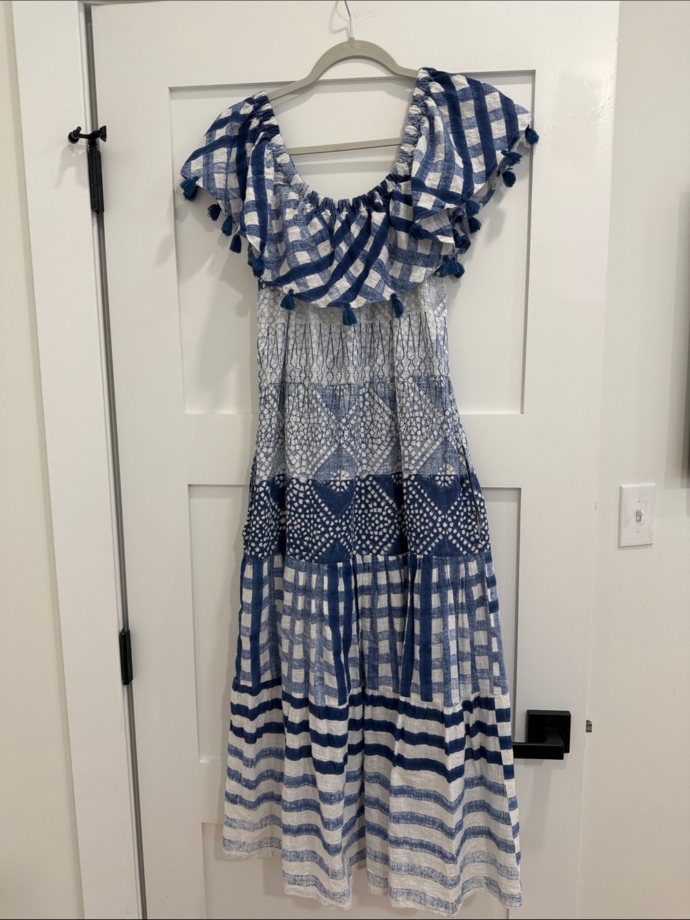 Lula Soul Blue White Boho Maxi Dress Tassel Ruffle Cotton Size S Anthropologie